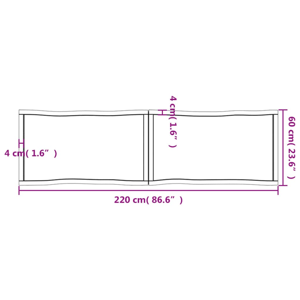 vidaXL galda virsma, gaiši brūna, 220x60x(2-6)cm, ozola masīvkoks