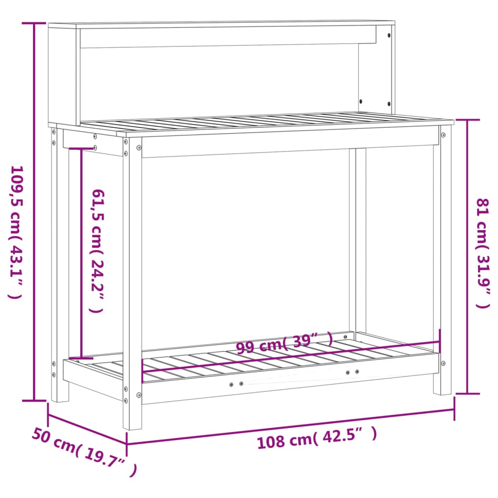 vidaXL stādīšanas galds ar plauktiem, 108x50x109,5 cm, priedes koks