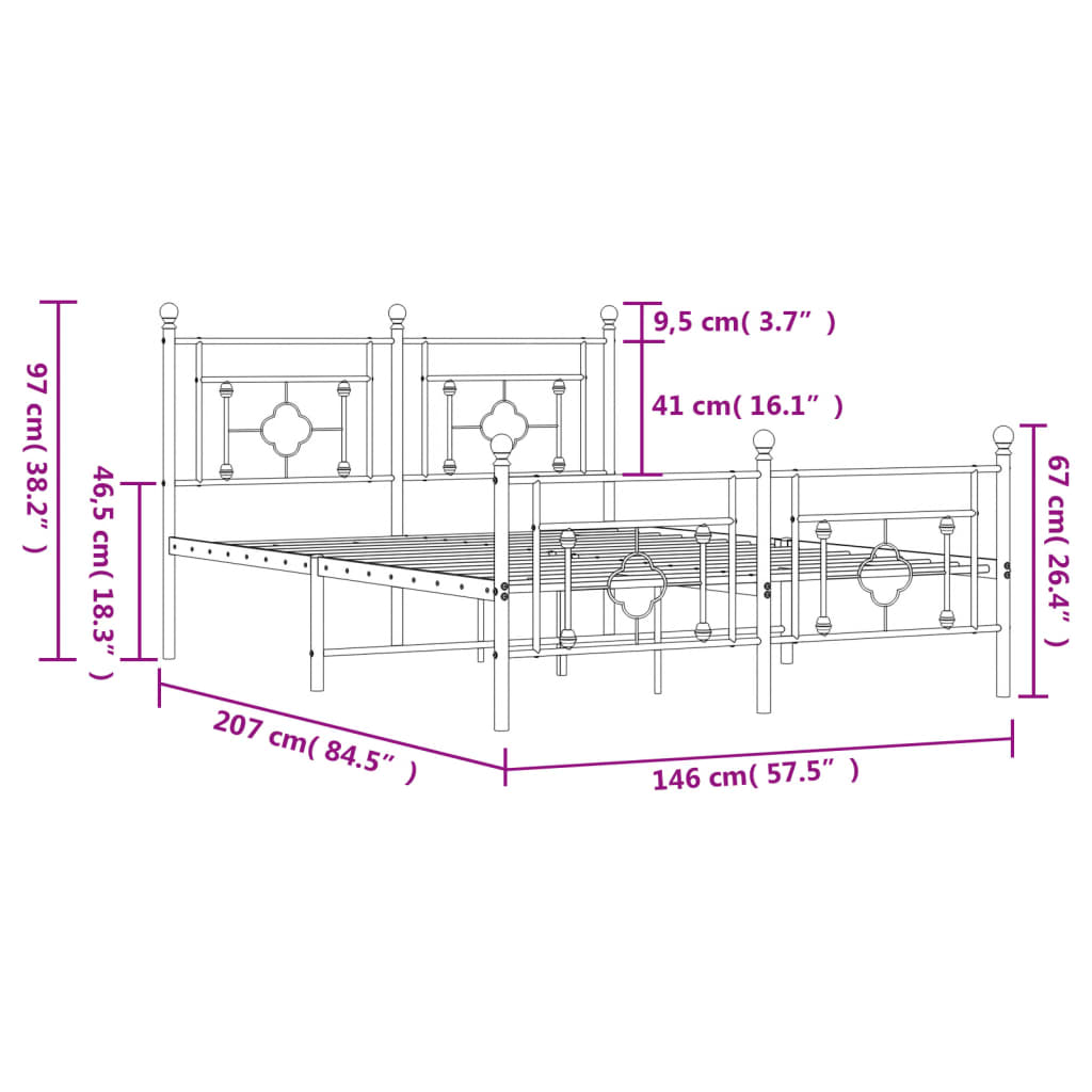 vidaXL gultas rāmis ar galvgali un kājgali, melns metāls, 140x200 cm