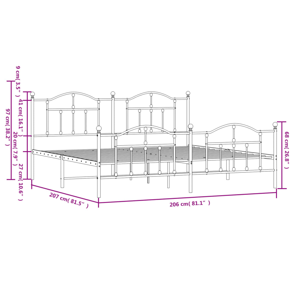 vidaXL gultas rāmis ar galvgali un kājgali, balts metāls, 200x200 cm