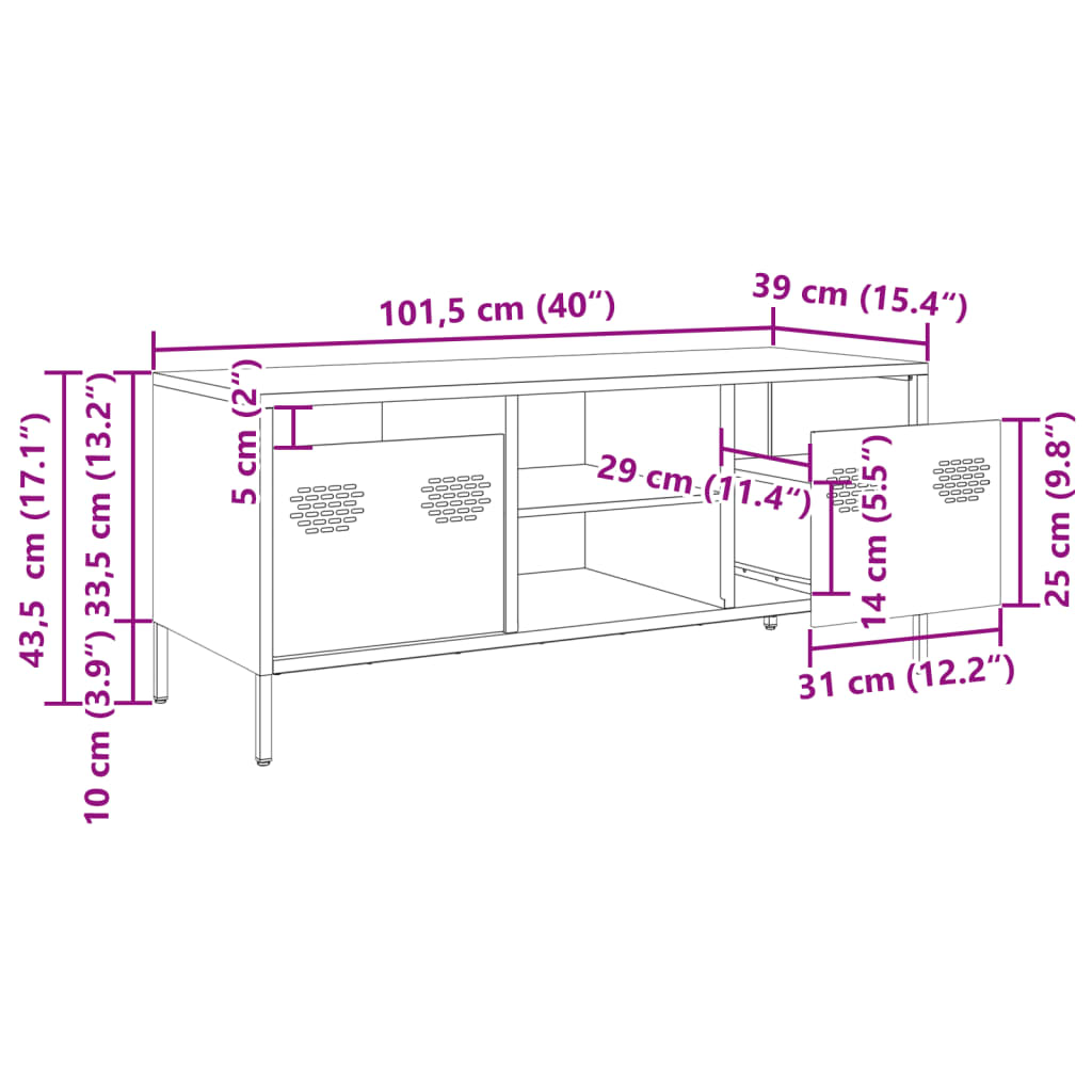 vidaXL TV skapītis, pelēks, 101,5x39x43,5 cm, auksti velmēts tērauds