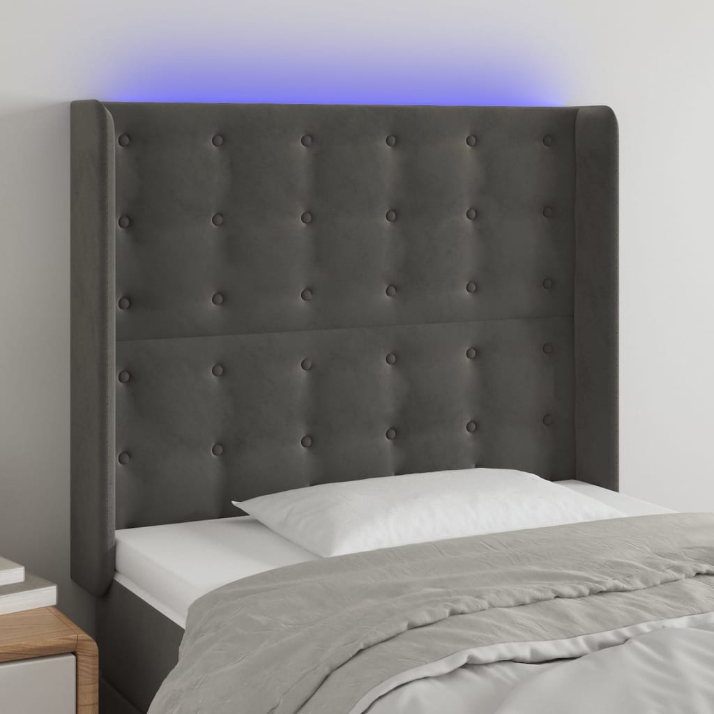 vidaXL gultas galvgalis ar LED, 93x16x118/128 cm, tumši pelēks samts