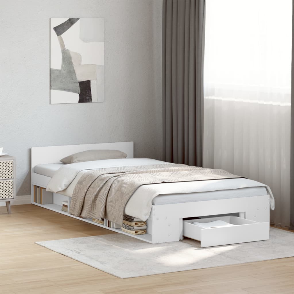 vidaXL gultas rāmis ar atvilktni, balts, 100x200 cm, inženierijas koks