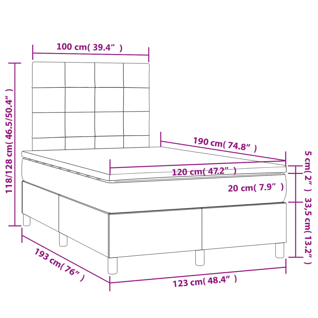 vidaXL atsperu gulta ar matraci, melns samts, 120x190 cm