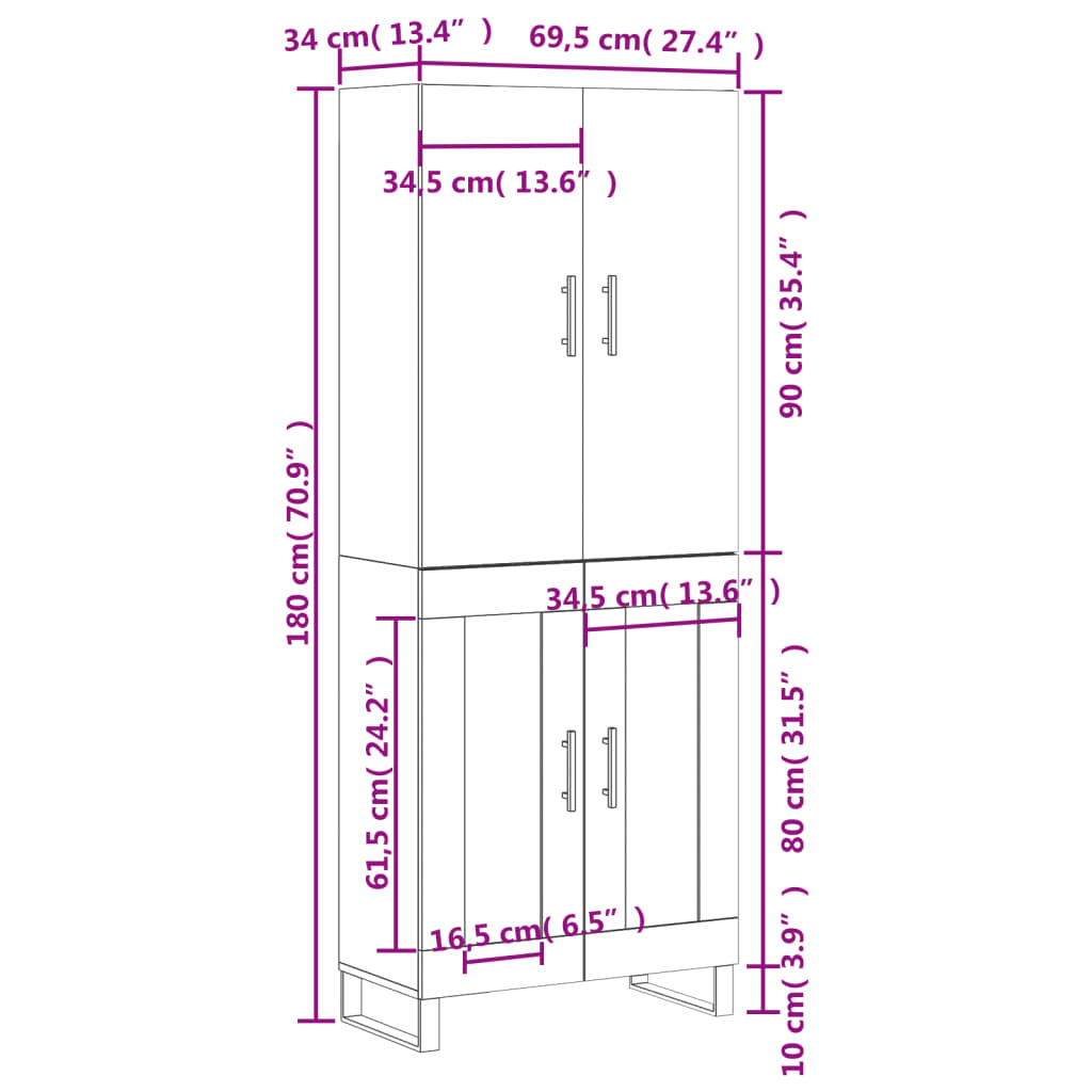 vidaXL augstais skapis, balts, 69,5x34x180 cm, inženierijas koks