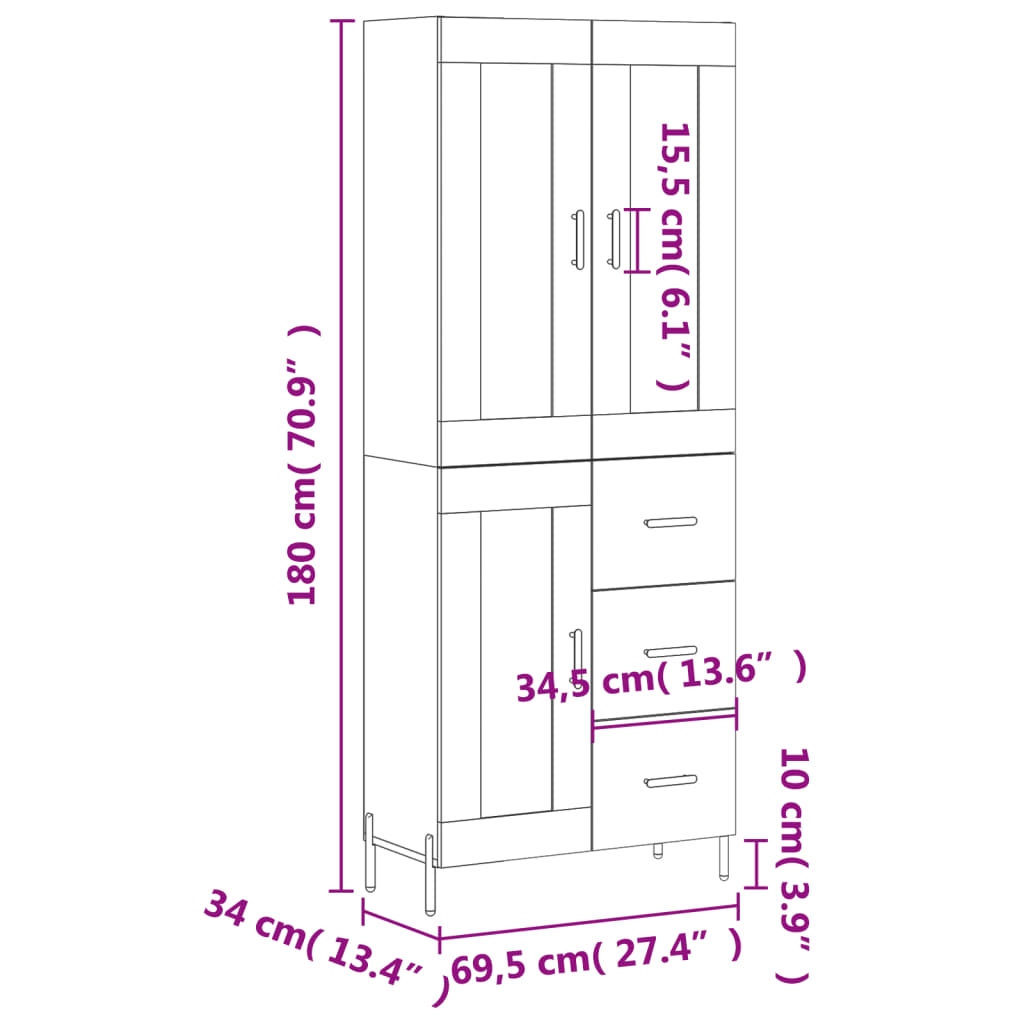 vidaXL augstais skapis, balts, 69,5x34x180 cm, inženierijas koks