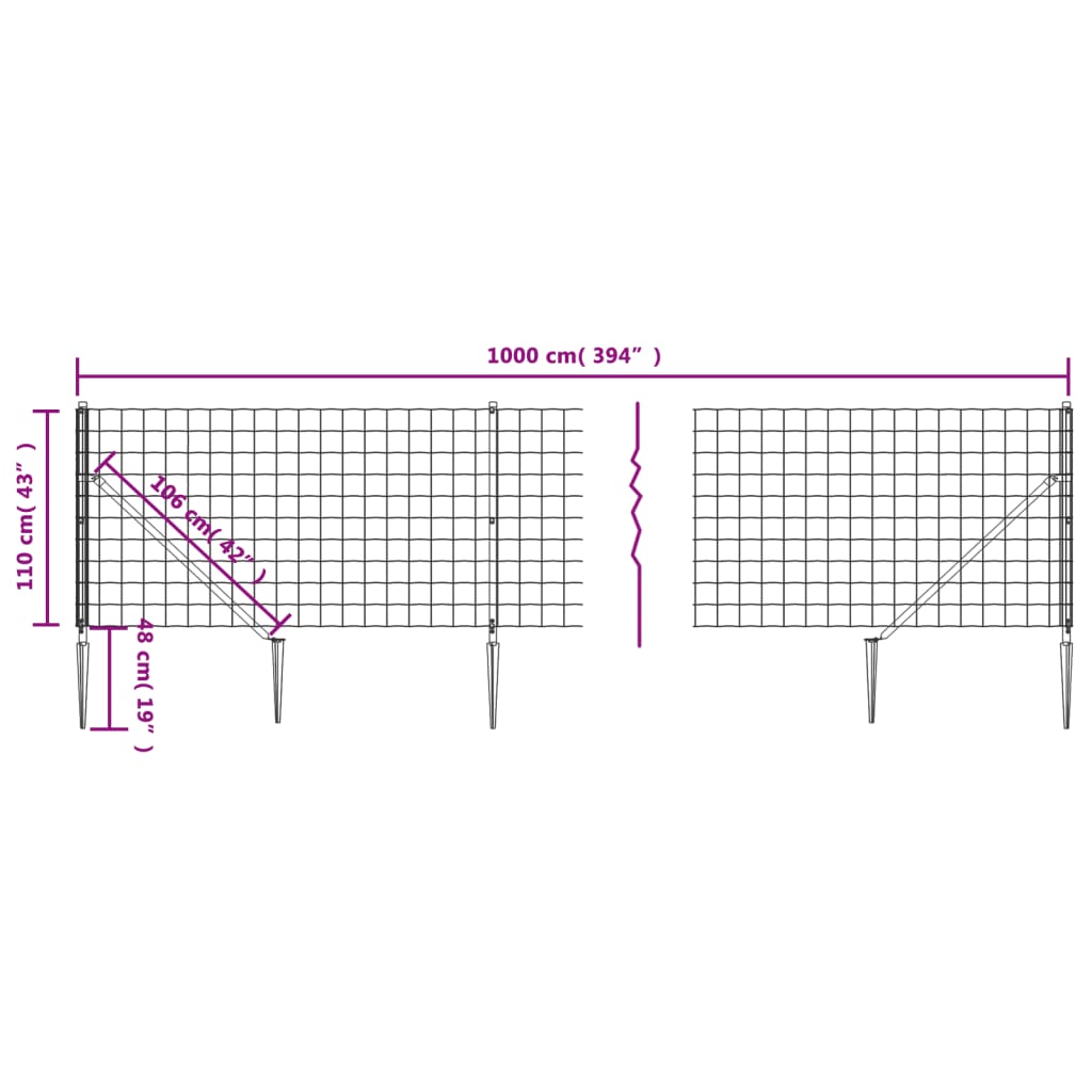 vidaXL stiepļu žogs ar zemes mietiņiem, antracītpelēks, 1,1x10 m