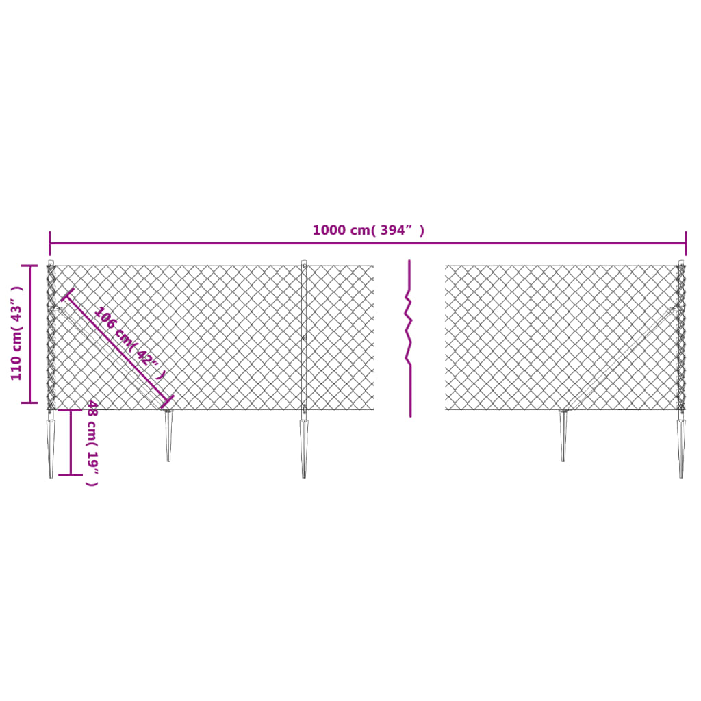 vidaXL stiepļu žogs ar zemes mietiņiem, antracītpelēks, 1,1x10 m