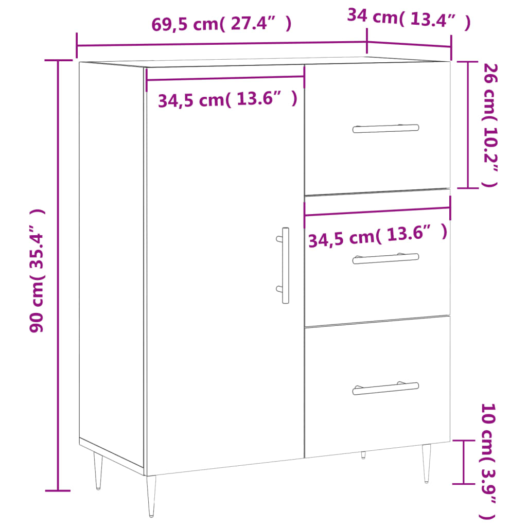 vidaXL kumode, balta, 69,5x34x90 cm, inženierijas koks