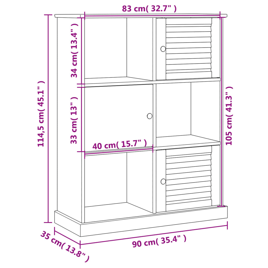 vidaXL grāmatu plaukts VIGO, pelēks, 90x35x114,5 cm, priedes masīvkoks