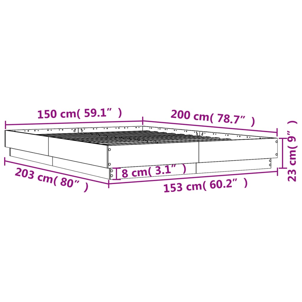 vidaXL gultas rāmis ar LED, koka krāsa, 150x200 cm