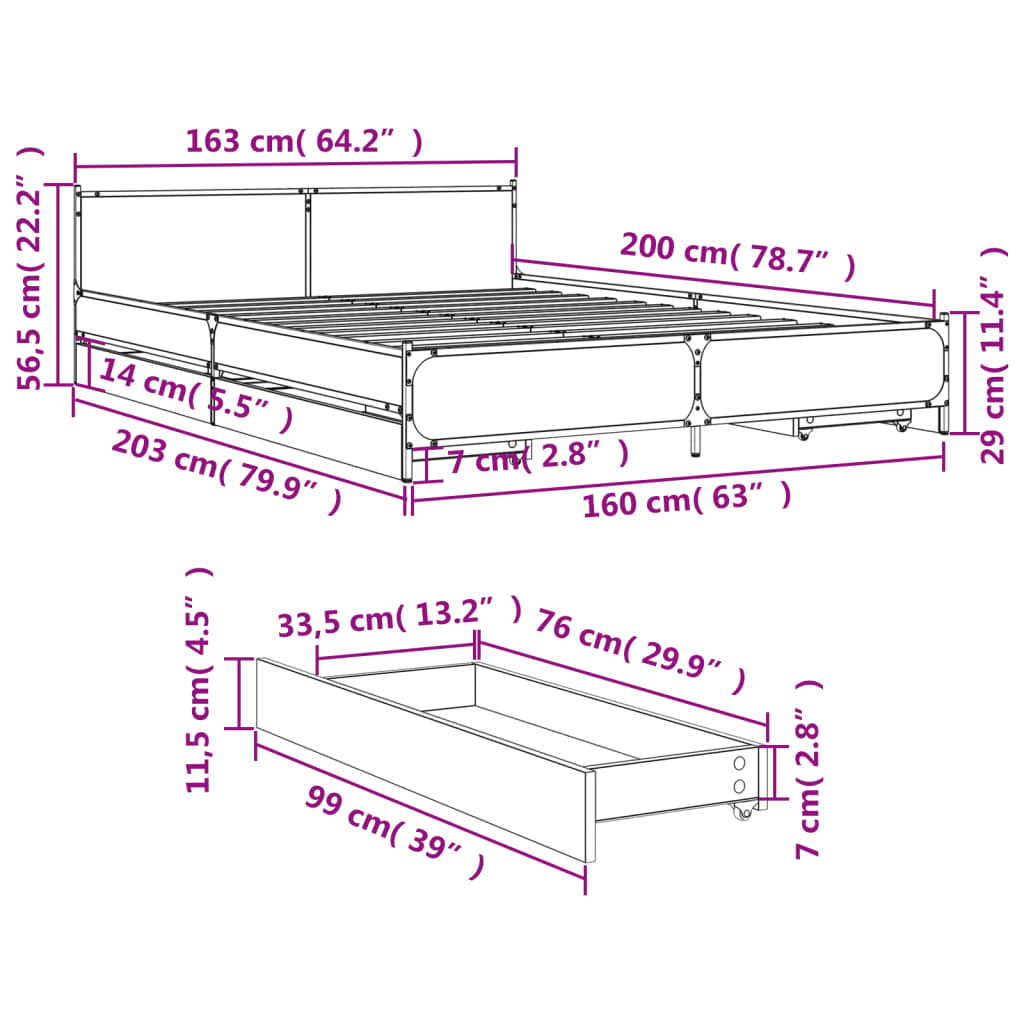 vidaXL gultas rāmis ar atvilktnēm, ozola, 160x200cm, inženierijas koks