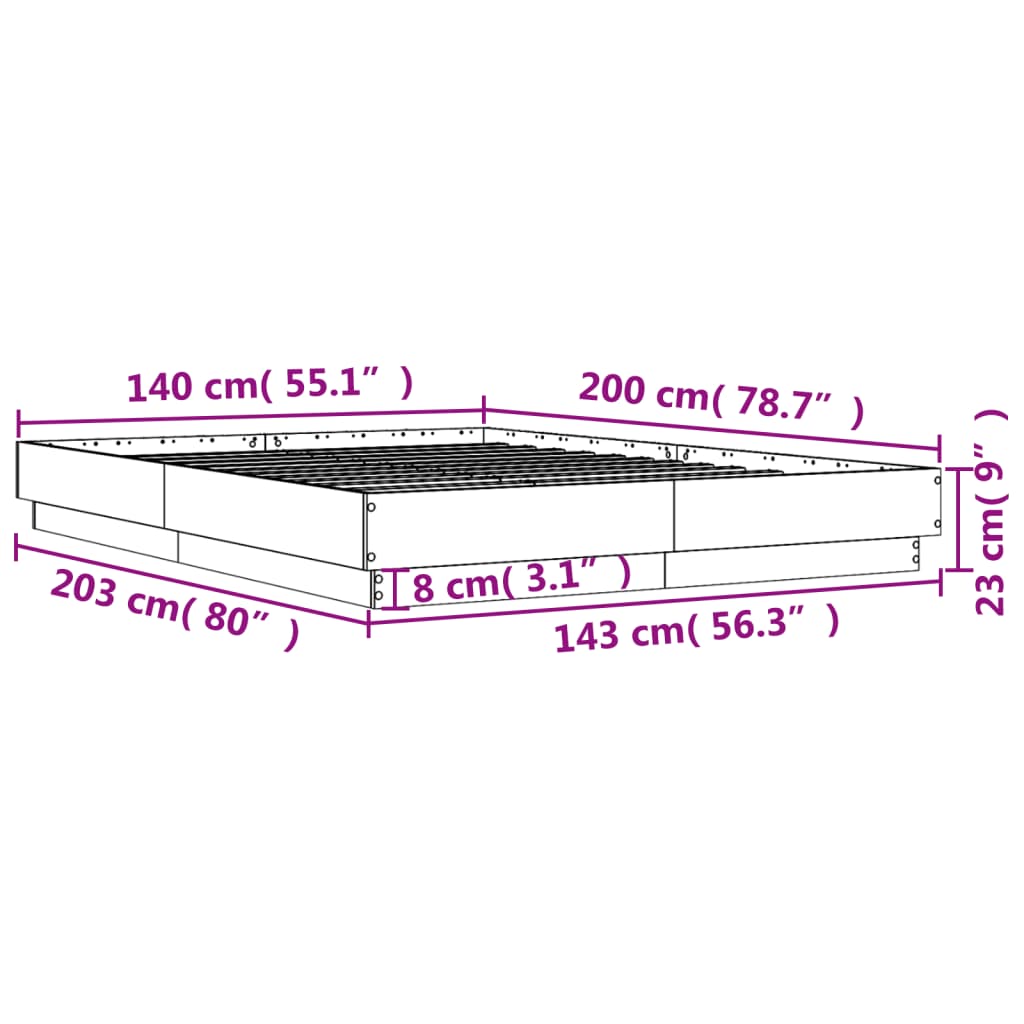 vidaXL gultas rāmis ar LED, brūna koka krāsa, 140x200 cm