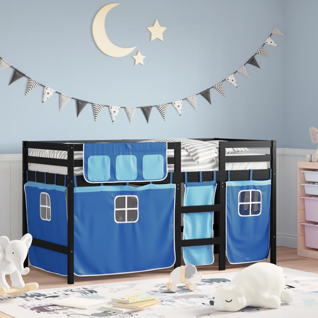 vidaXL bērnu gulta ar aizkariem, zili, 90x190 cm, priedes masīvkoks