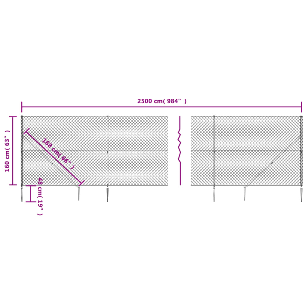 vidaXL stiepļu žogs ar zemes mietiņiem, sudraba krāsā, 1,6x25 m