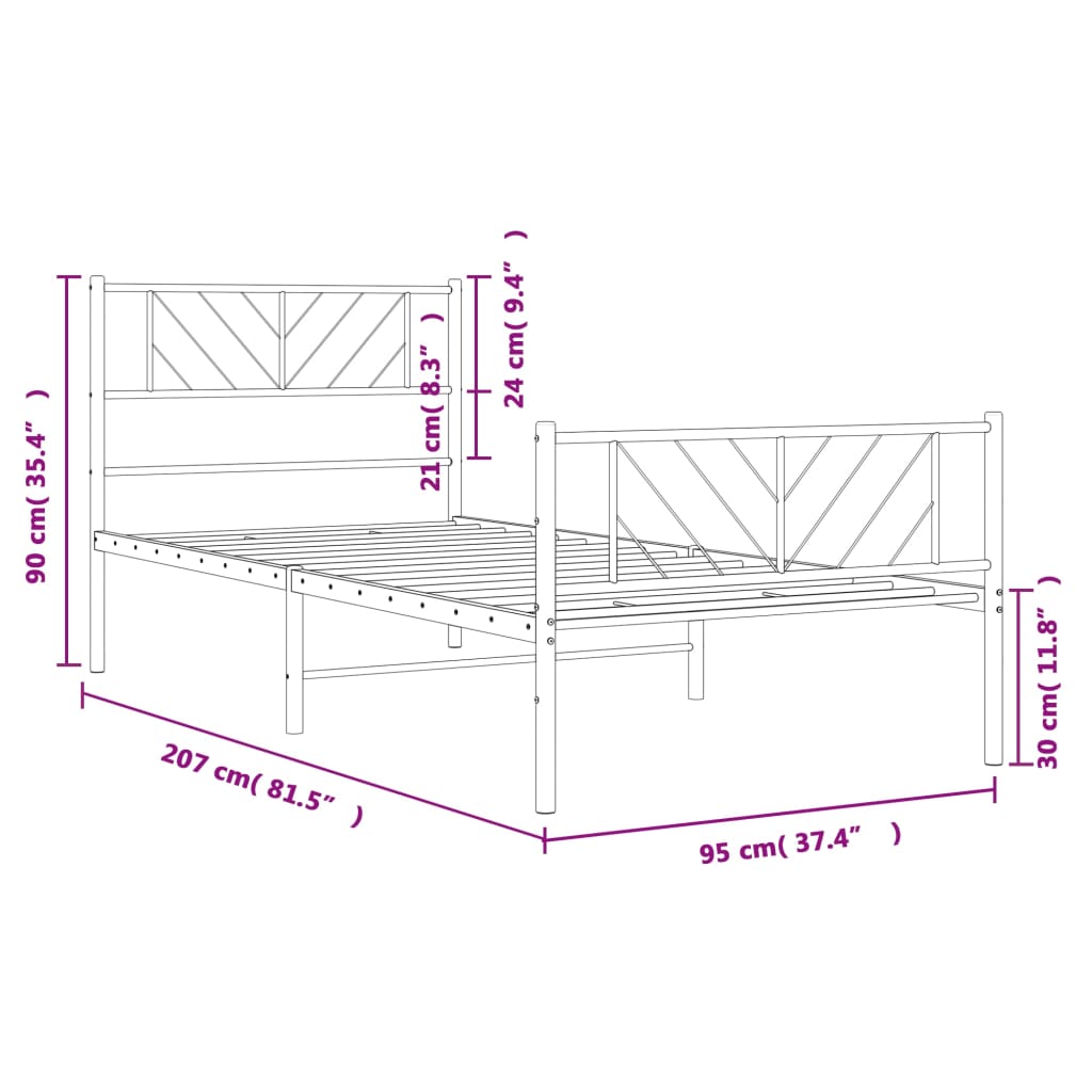 vidaXL gultas rāmis ar galvgali un kājgali, balts metāls, 90x200 cm