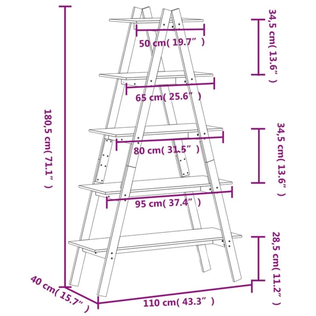 vidaXL 5 līmeņu plaukts, A-forma, 110x40x180,5 cm, priedes masīvkoks