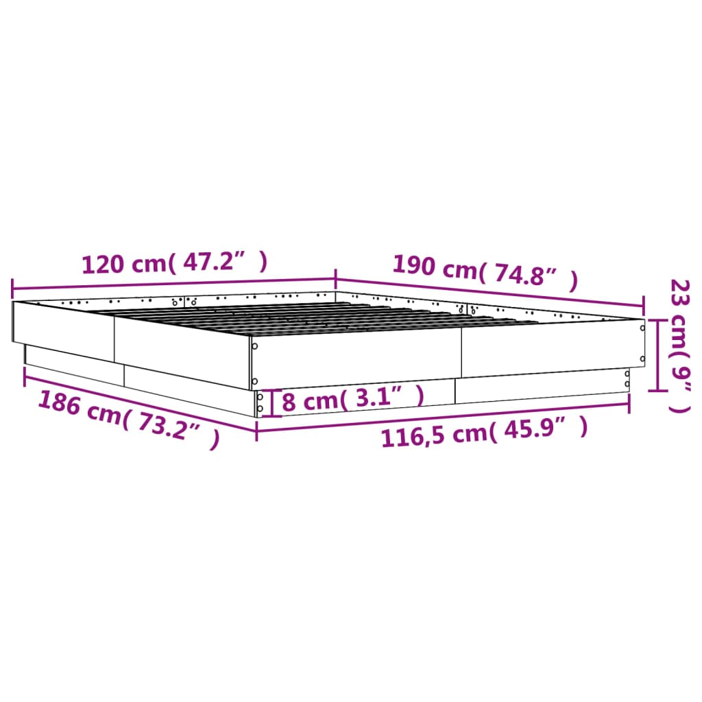 vidaXL gultas rāmis ar LED, pelēka ozola, 120x190 cm