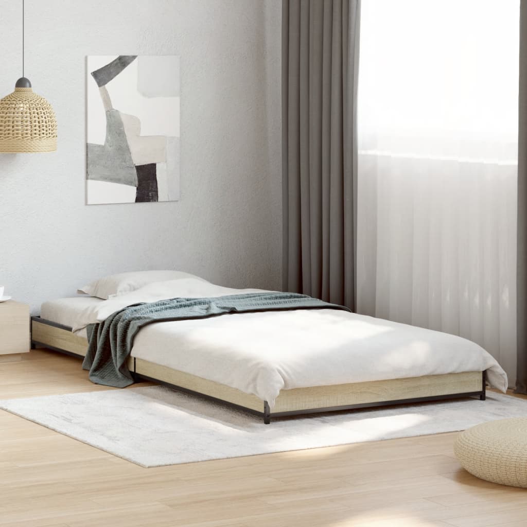 vidaXL gultas rāmis, ozola krāsā, 90x190 cm, inženierijas koks, metāls