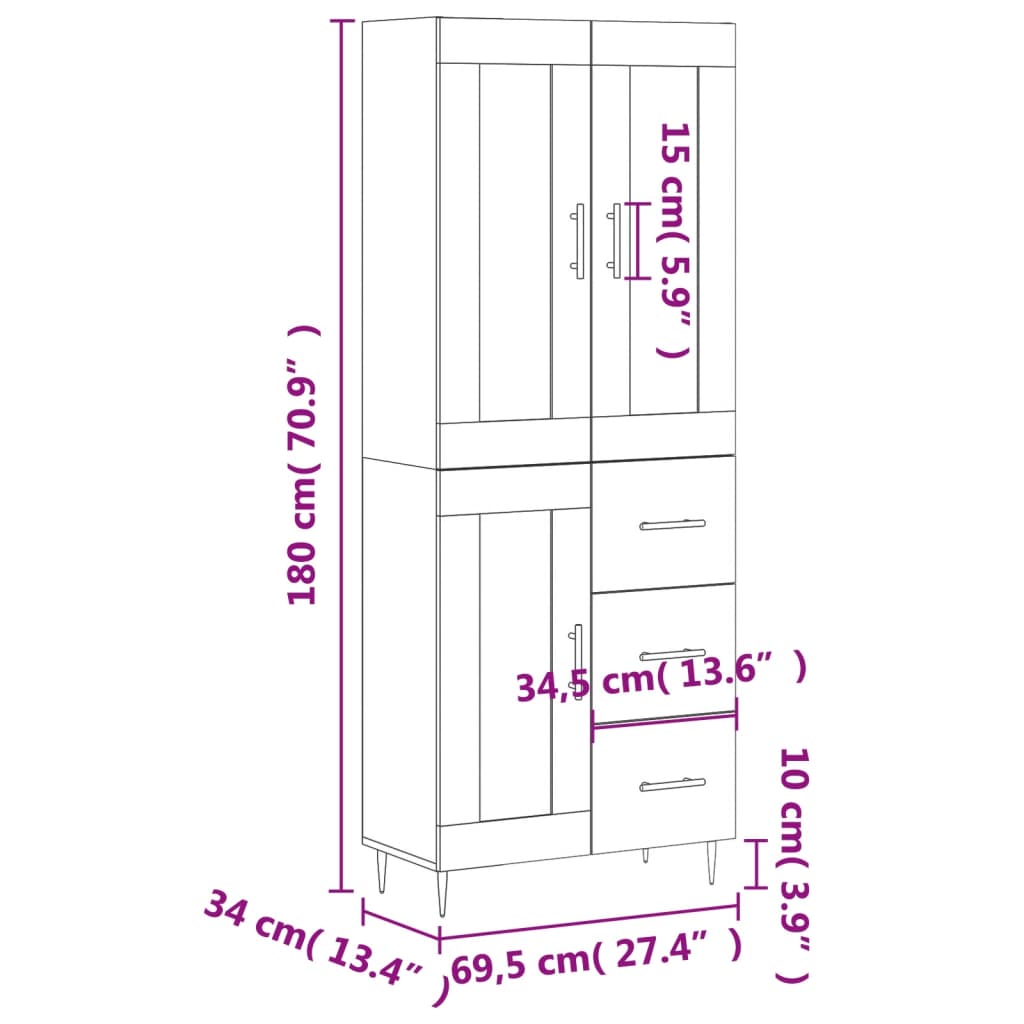 vidaXL augstais skapis, ozolkoka, 69,5x34x180 cm, inženierijas koks