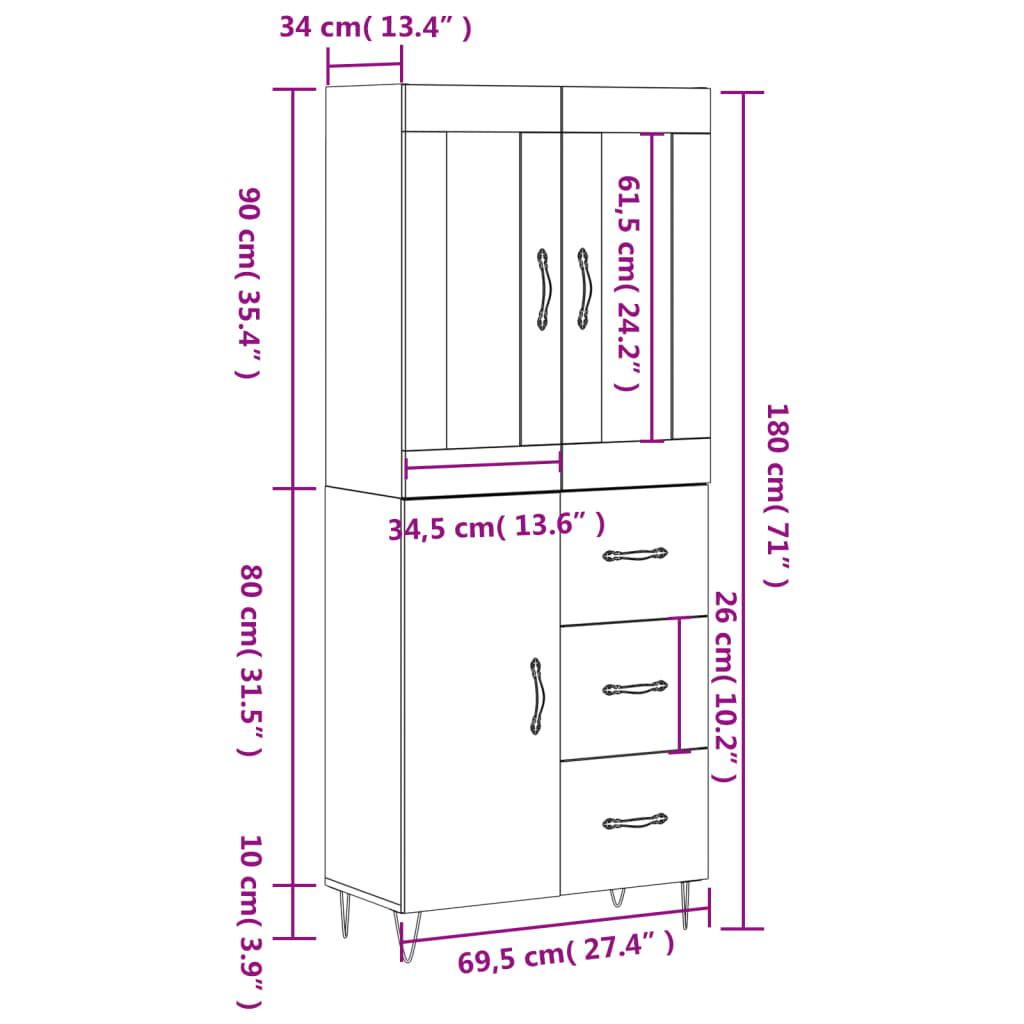 vidaXL augstais skapis, balts, 69,5x34x180 cm, inženierijas koks