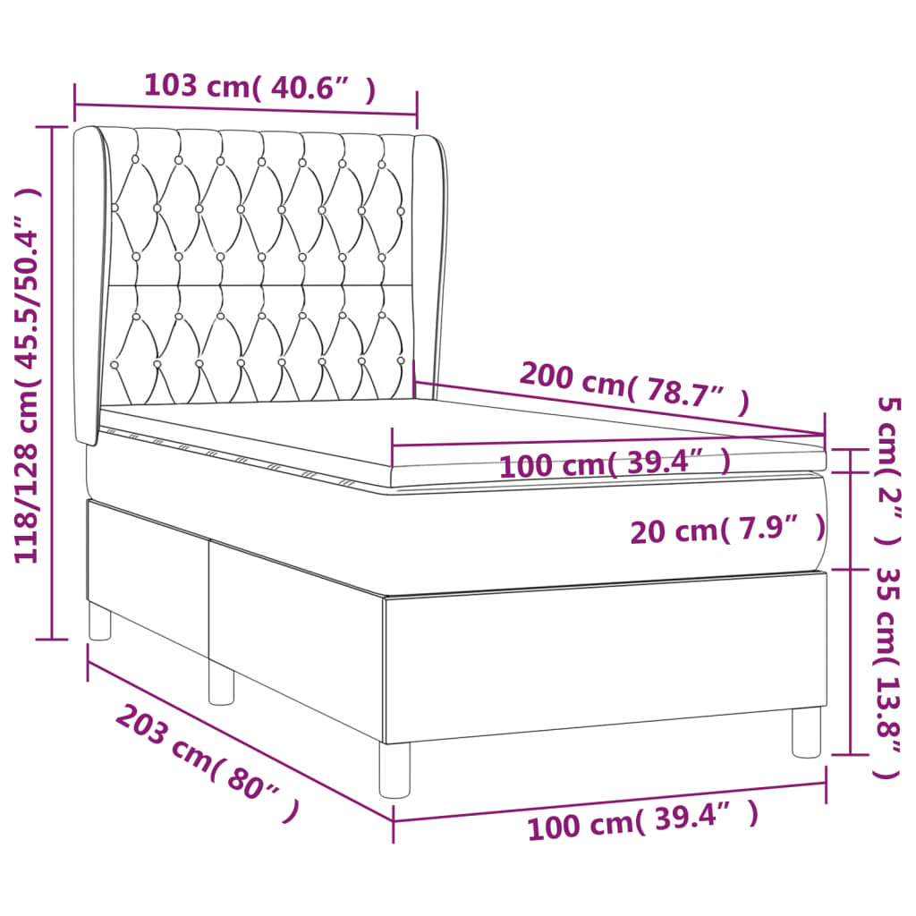 vidaXL atsperu gultas rāmis ar matraci, krēmkrāsas, 100x200 cm, audums