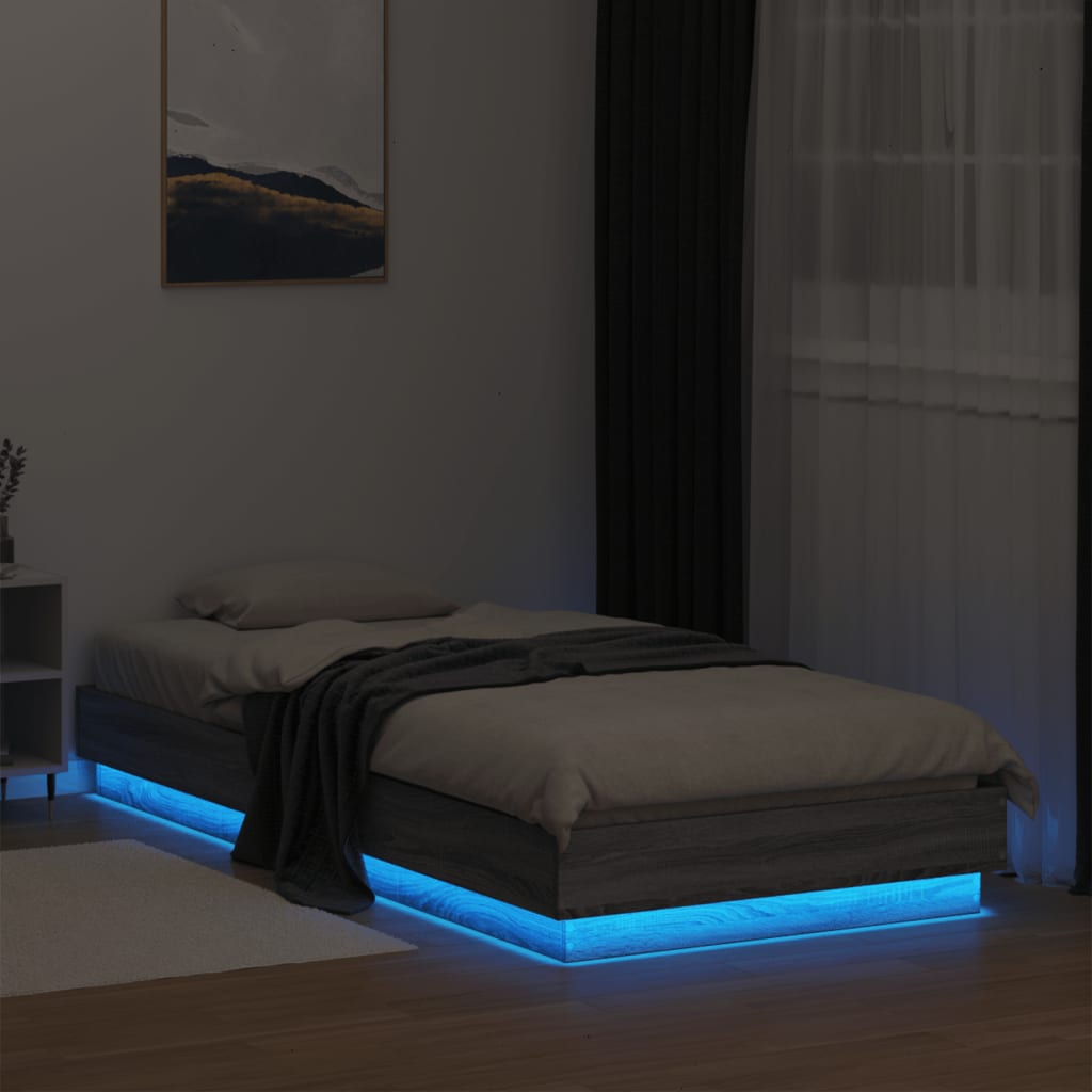vidaXL gultas rāmis ar LED, pelēka ozolkoka, 90x200 cm