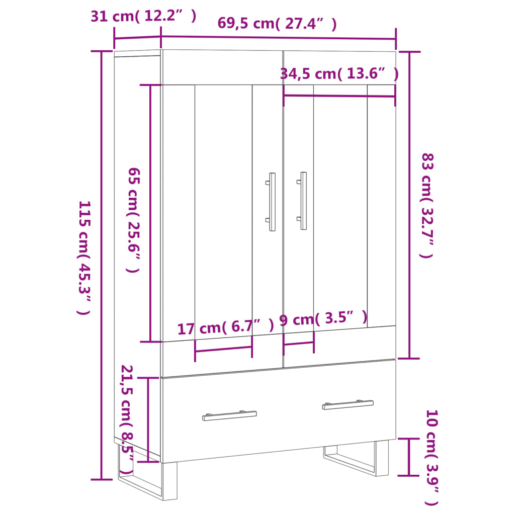 vidaXL augstais skapītis, balts, 69,5x31x115 cm, inženierijas koks