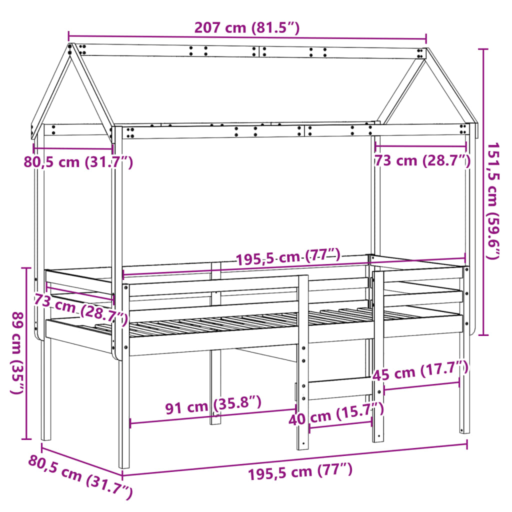 vidaXL augstā gulta ar jumtu vaska brūnas 75x190 cm priedes masīvkoks