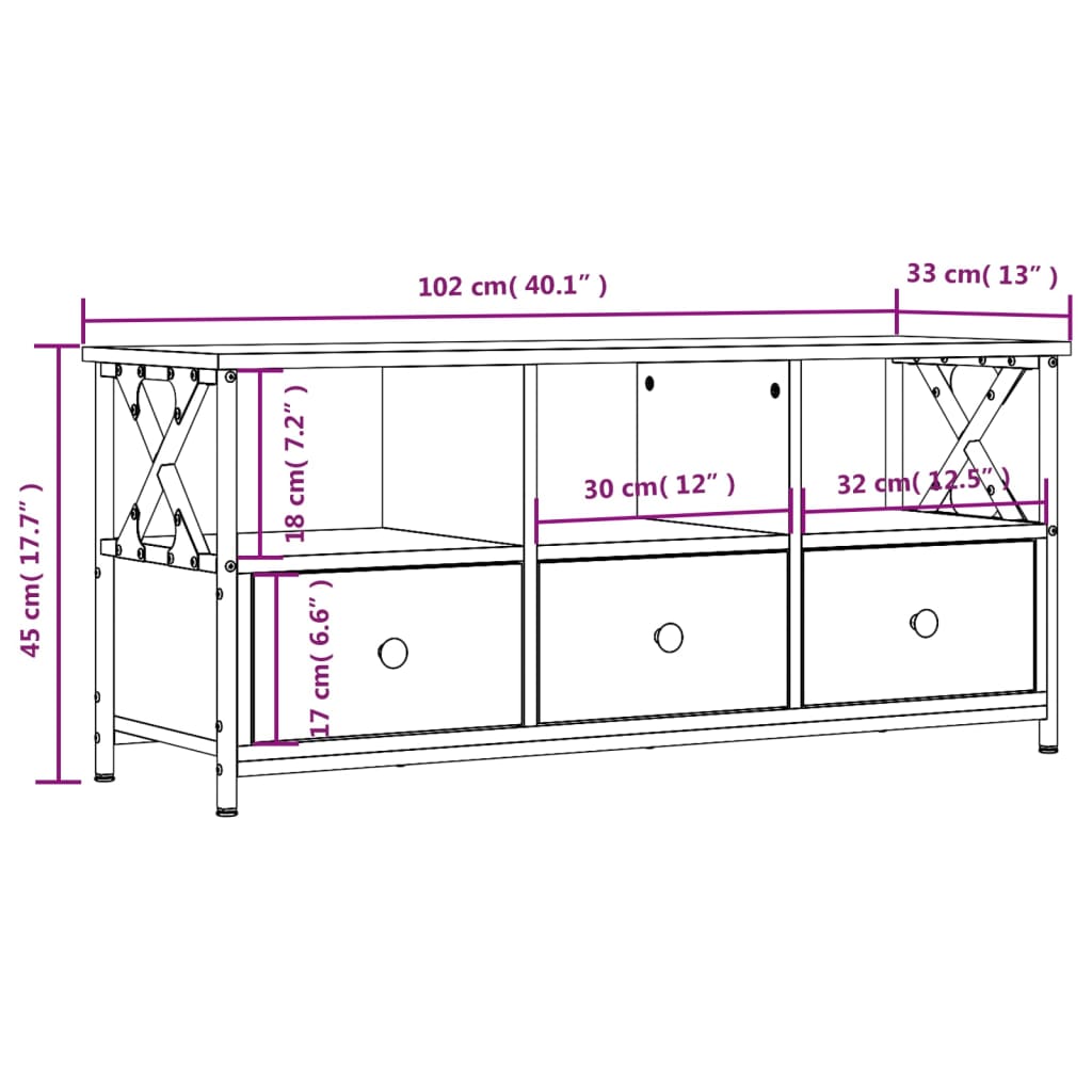 vidaXL TV skapītis, 102x33x45 cm, inženierijas koks, dzelzs, brūns