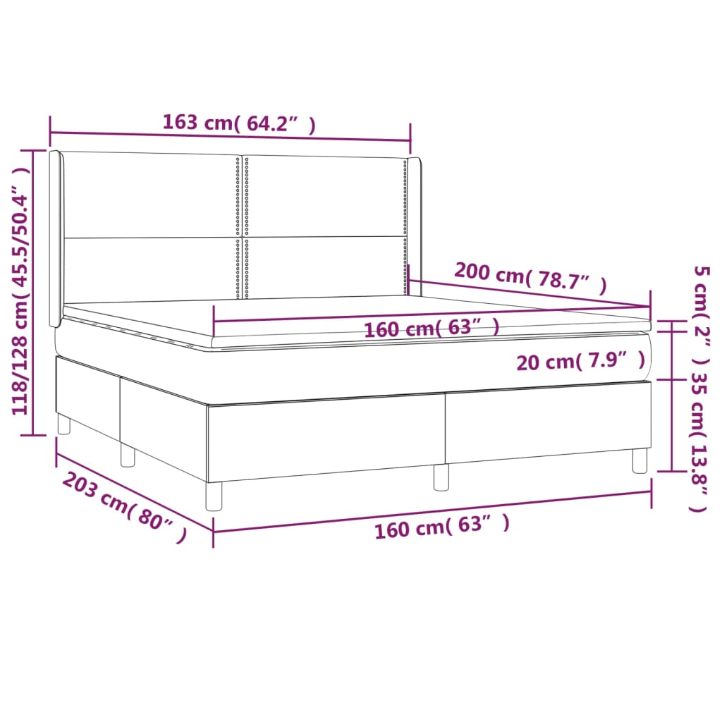 vidaXL atsperu gulta ar matraci, LED, tumši zils samts, 160x200 cm