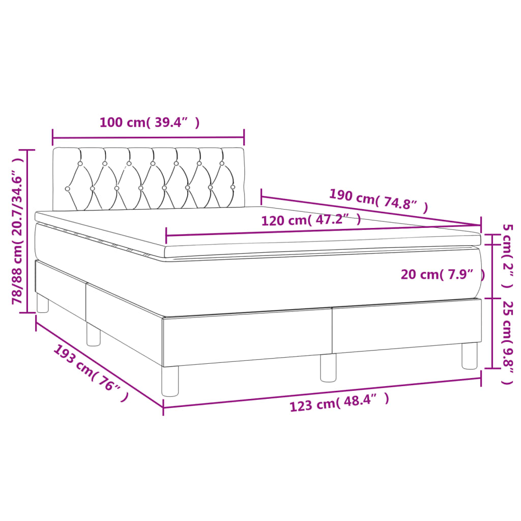 vidaXL atsperu gulta ar matraci, LED, tumši pelēka audums, 120x190 cm