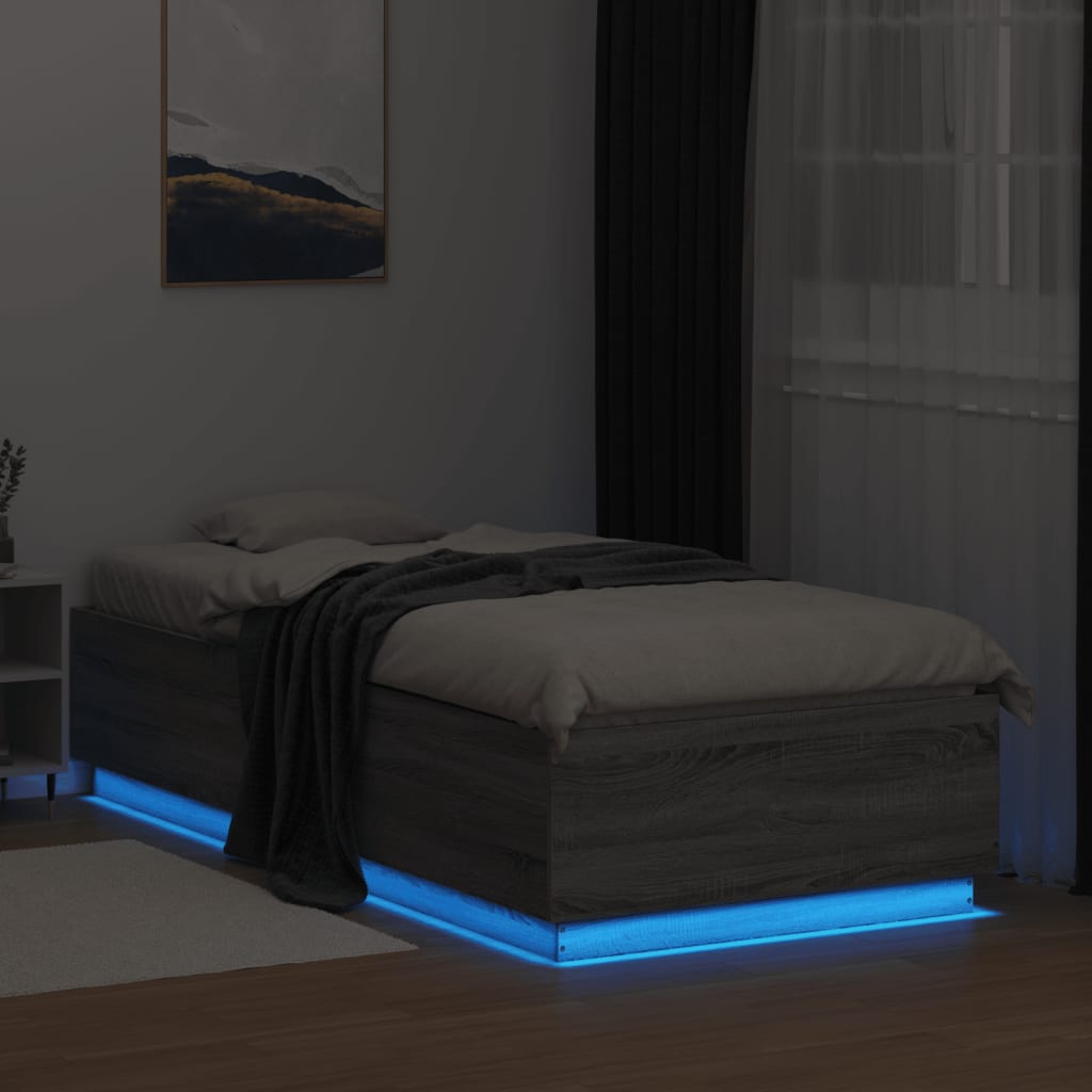 vidaXL gultas rāmis ar LED, pelēka koka, 90x200 cm, inženierijas koks