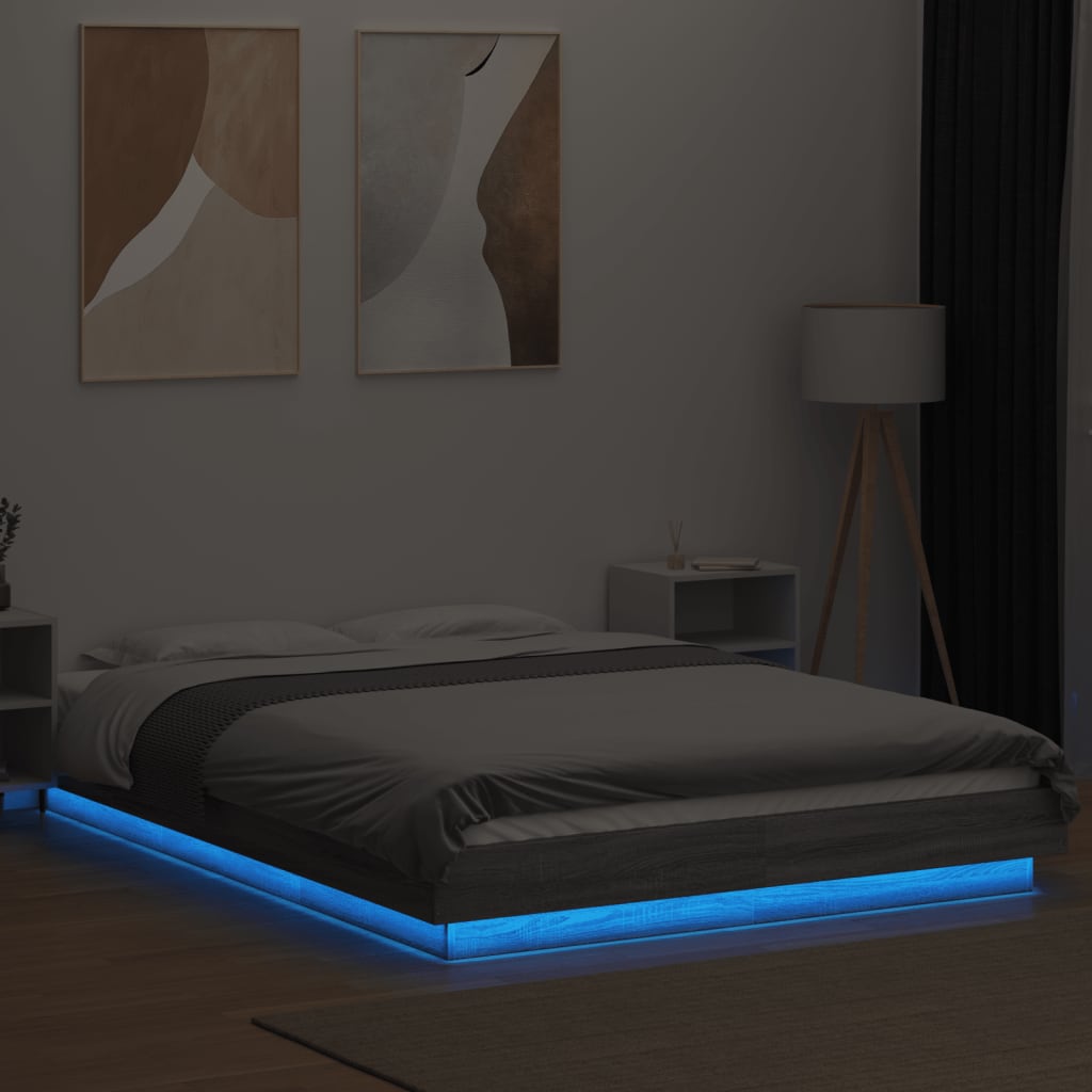 vidaXL gultas rāmis ar LED, pelēka ozola, 140x200cm, inženierijas koks