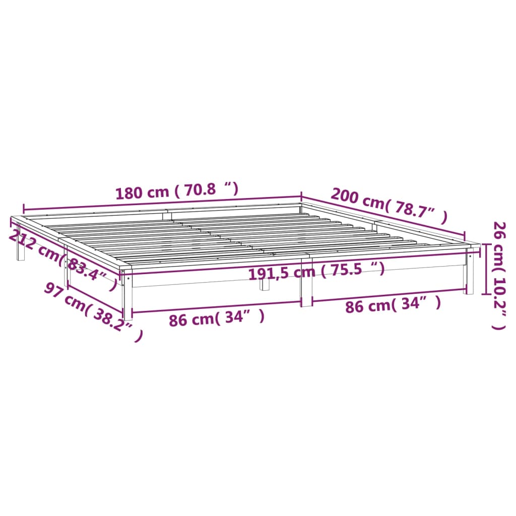 vidaXL gultas rāmis ar LED, pelēks, 180x200 cm, Super King masīvkoks