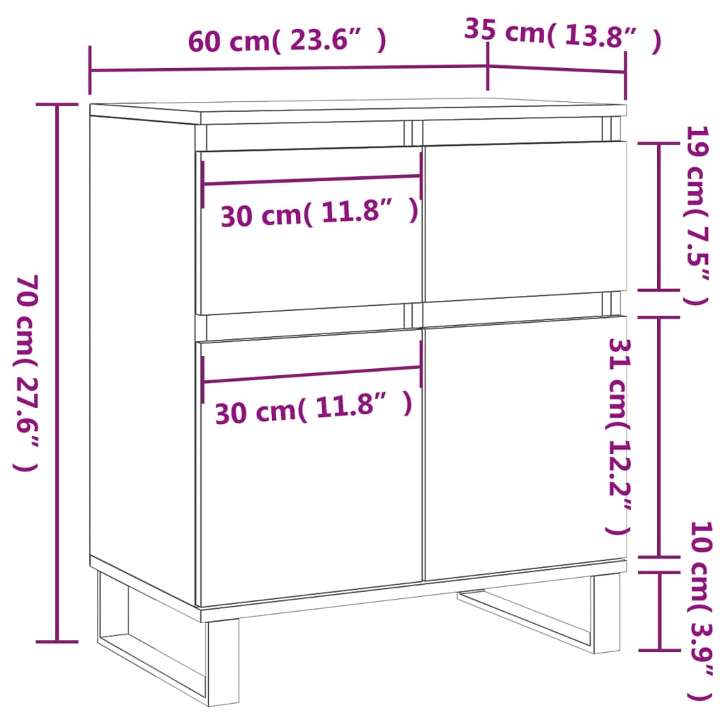 vidaXL kumode, ozolkoka krāsa, 60x35x70 cm, inženierijas koks