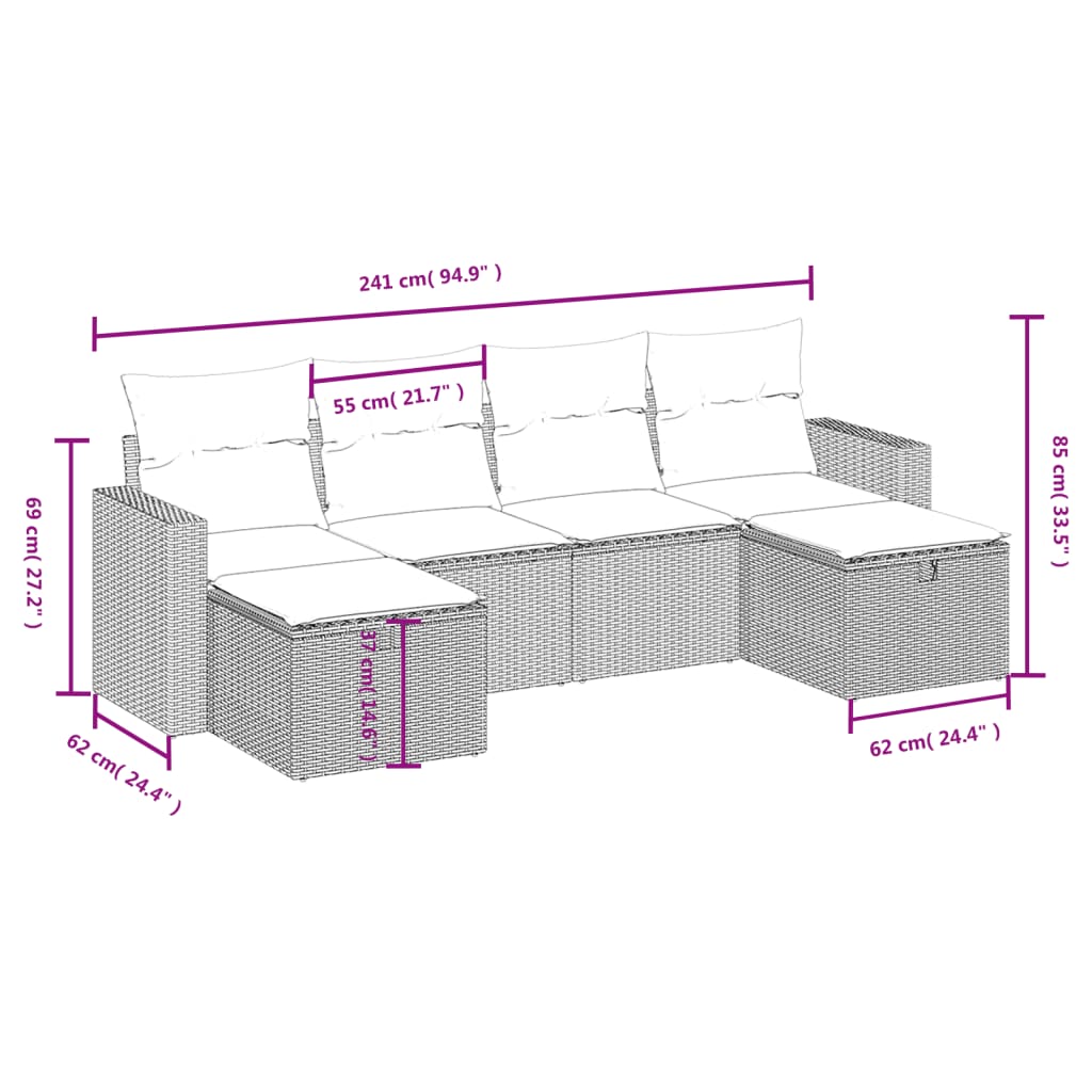 vidaXL 6-daļīgs dārza dīvānu komplekts, matrači, brūna PE rotangpalma
