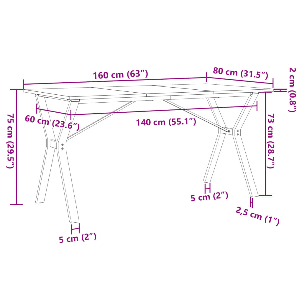 vidaXL virtuves galds, Y-rāmis, 160x80x75 cm, priedes koks, čuguns