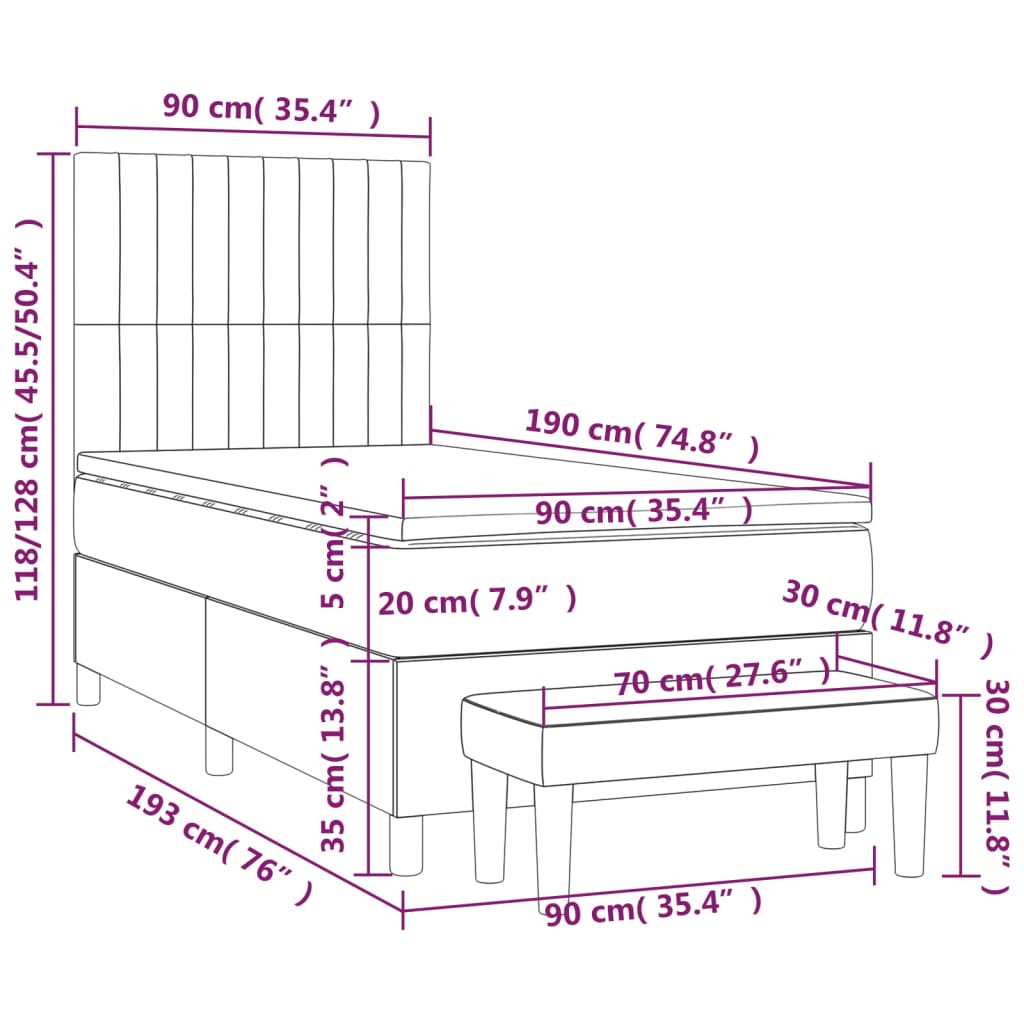 vidaXL atsperu gulta ar matraci, melna, 90x190 cm, audums