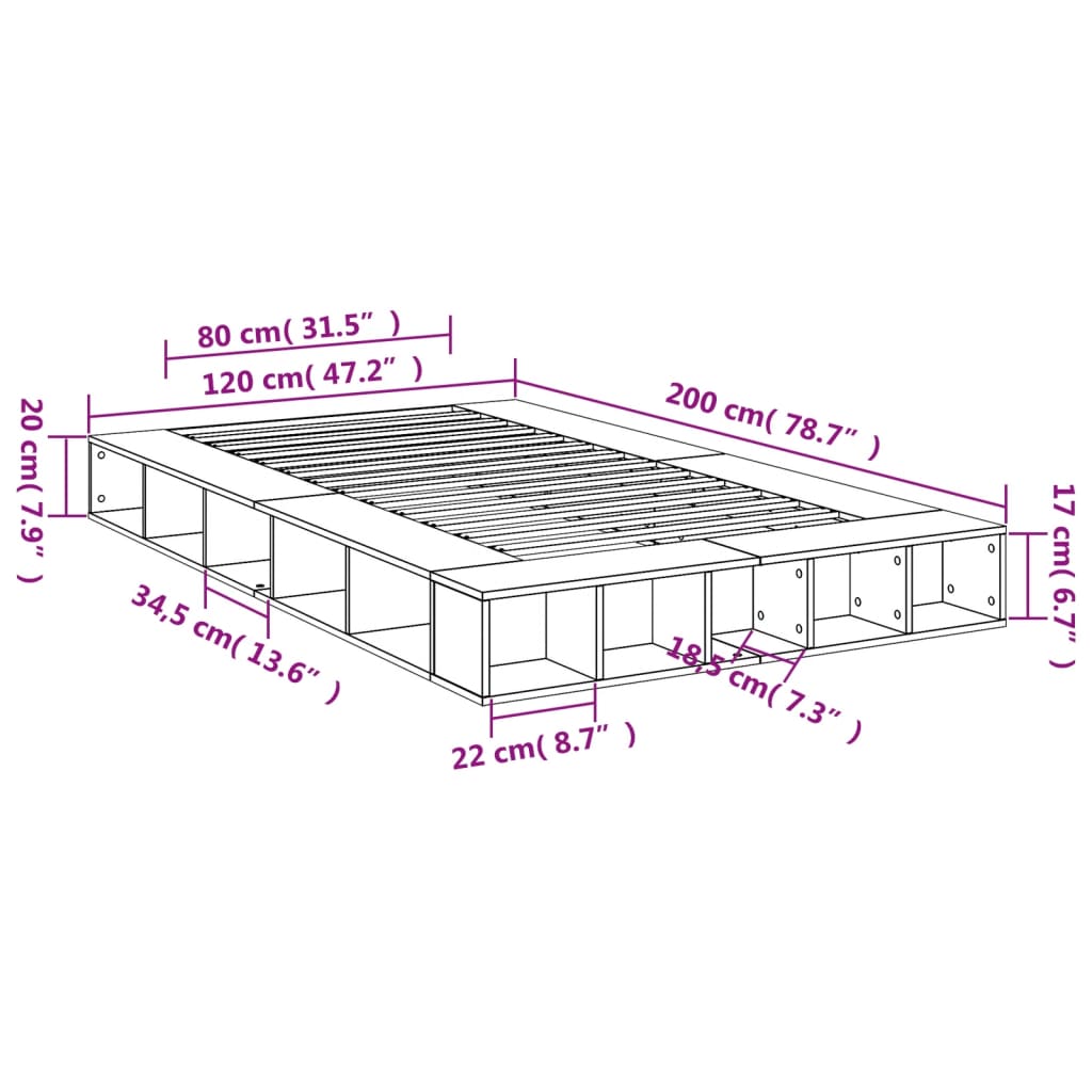 vidaXL gultas rāmis, ozolkoka krāsā, 120x200 cm, inženierijas koks