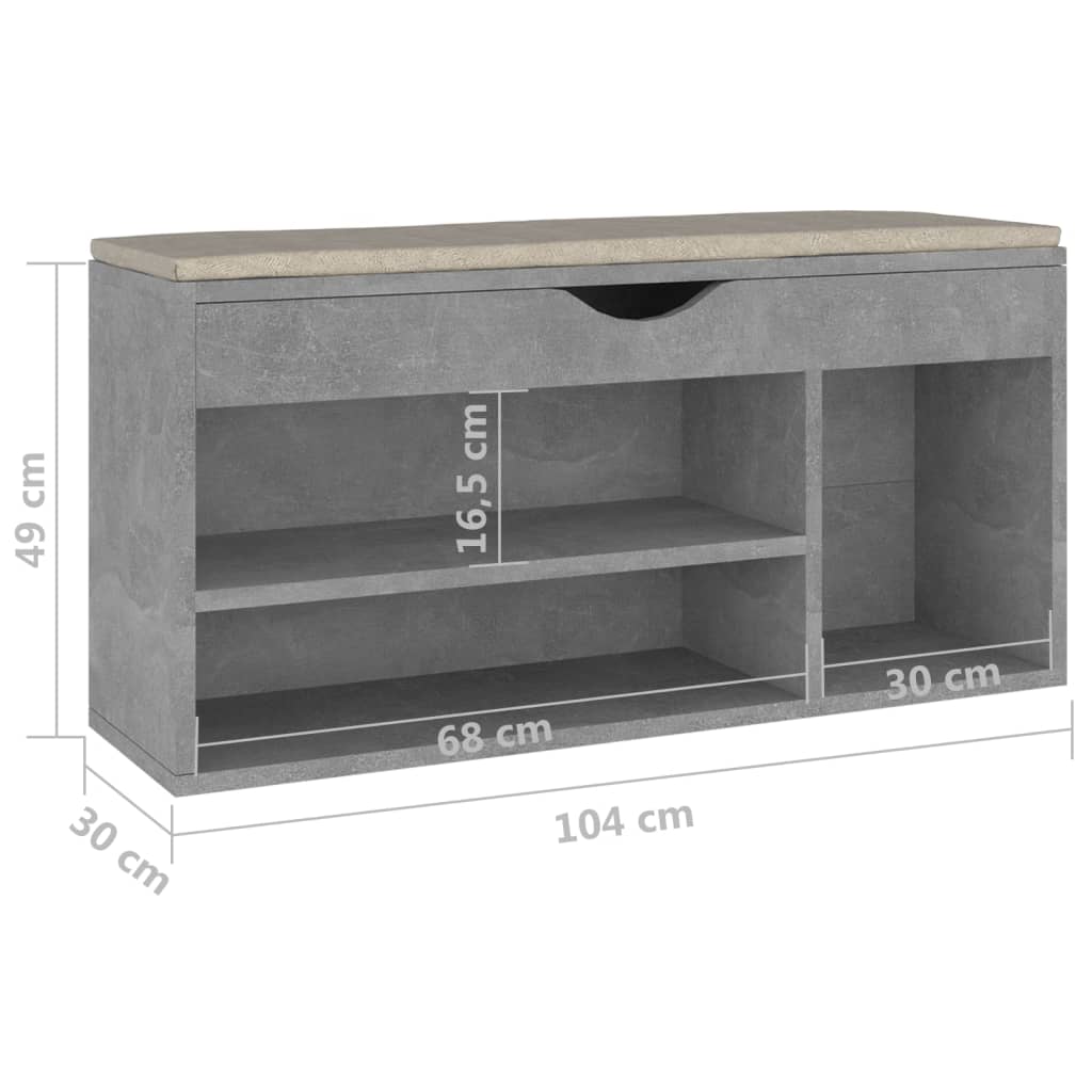 vidaXL apavu plaukts ar matraci, pelēks, 104x30x49cm inženierijas koks