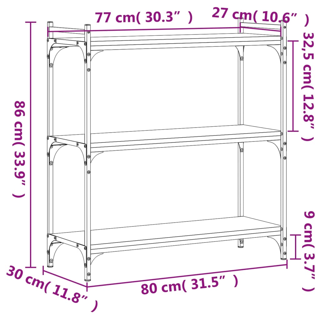 vidaXL grāmatu plaukts, 3 līmeņi, 80x30x86 cm, inženierijas koks