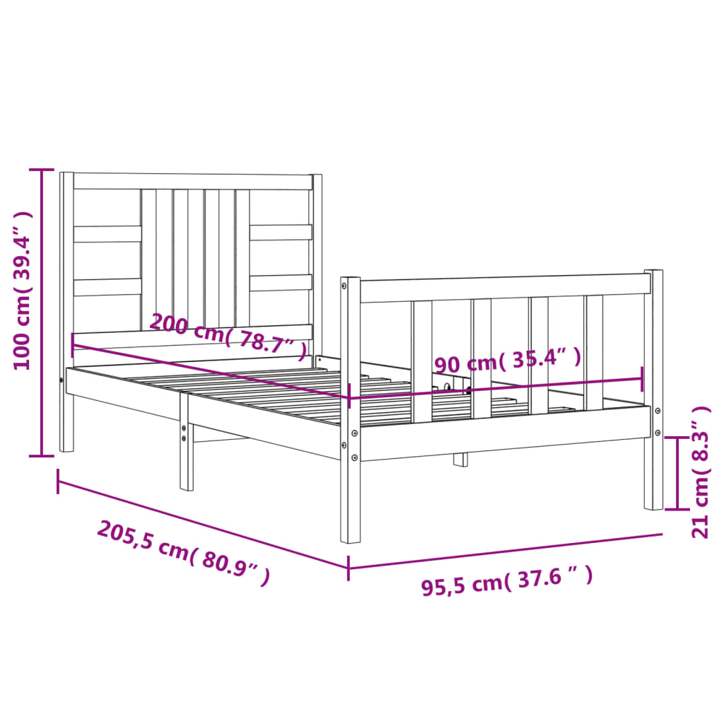 vidaXL gultas rāmis ar galvgali, brūns, masīvkoks, 90x200 cm