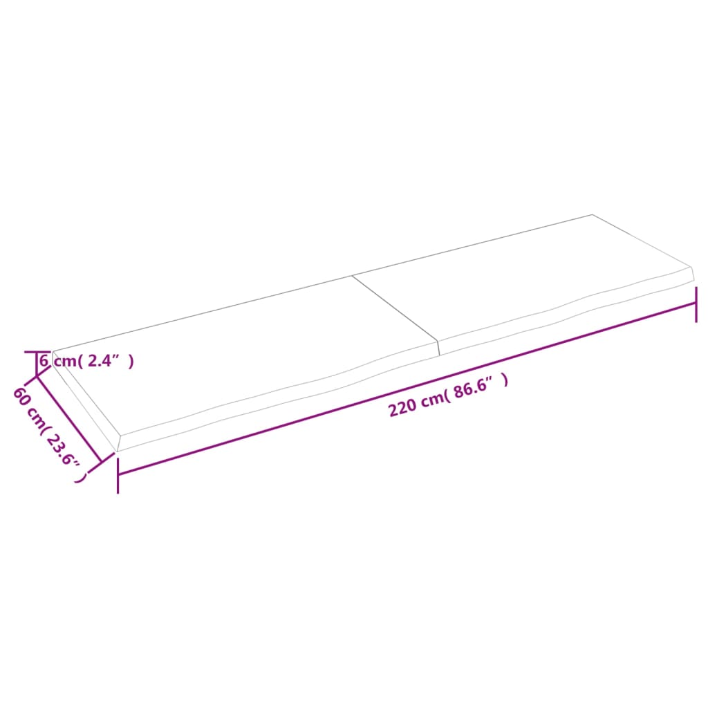 vidaXL sienas plaukts, 220x60x(2-6) cm, neapstrādāts ozola masīvkoks