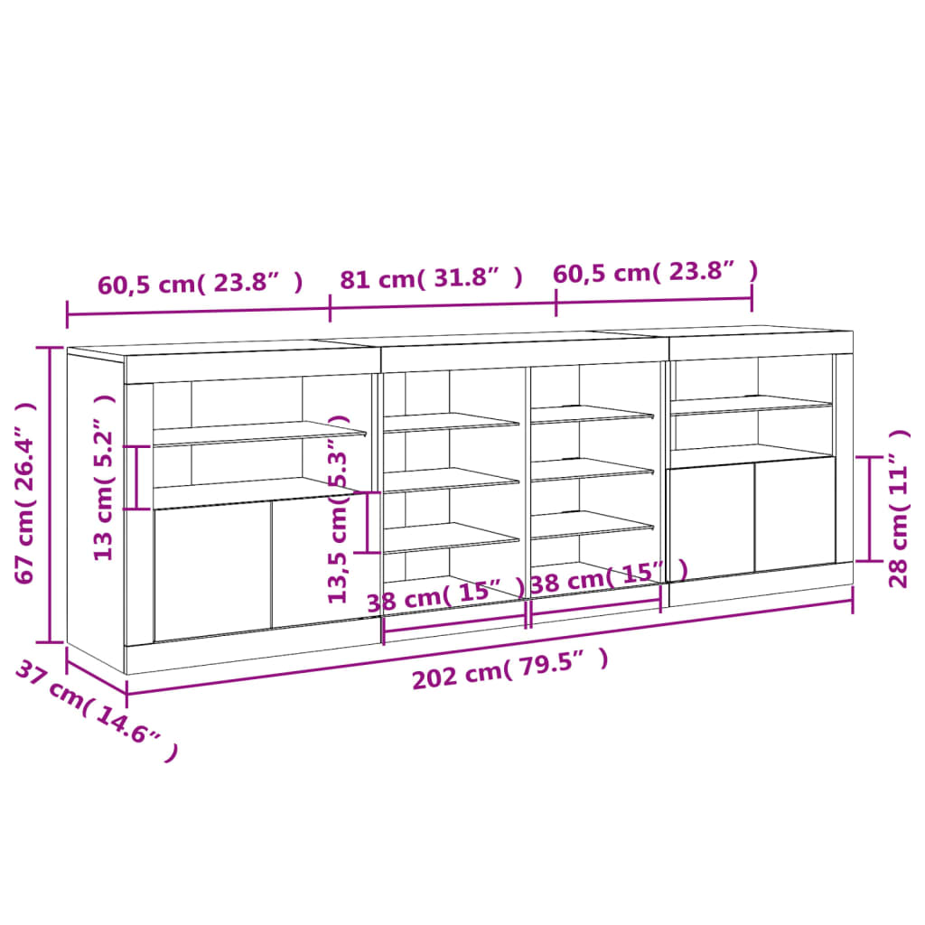 vidaXL kumode ar LED lampiņām, balta, 202x37x67 cm