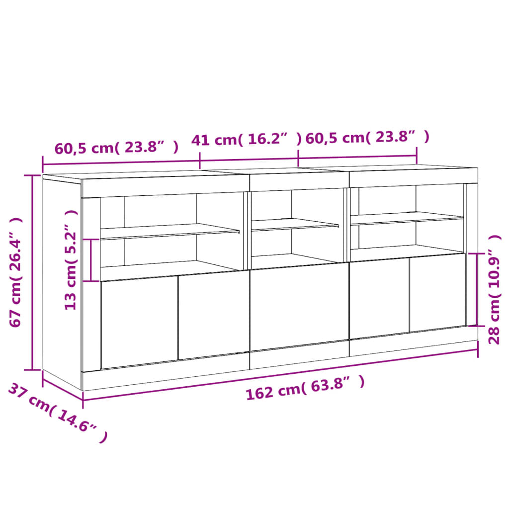 vidaXL kumode ar LED lampiņām, 162x37x67 cm, balta