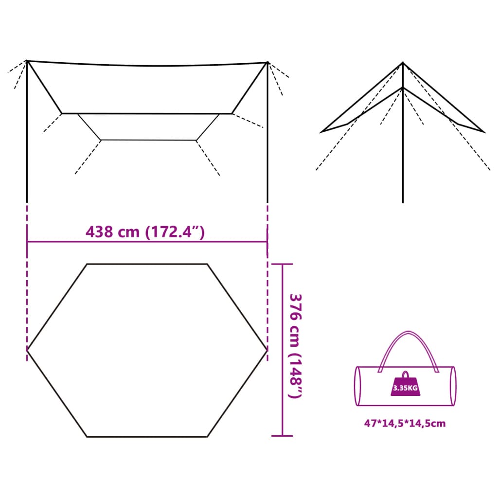 vidaXL kempinga tents, olīvu zaļa, 438x376x212 cm, ūdensizturīga