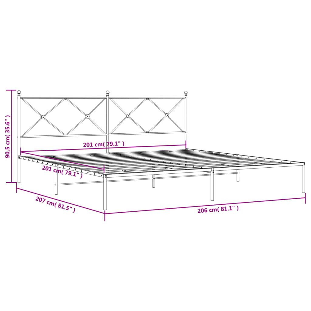 vidaXL gultas rāmis ar galvgali, melns metāls, 200x200 cm