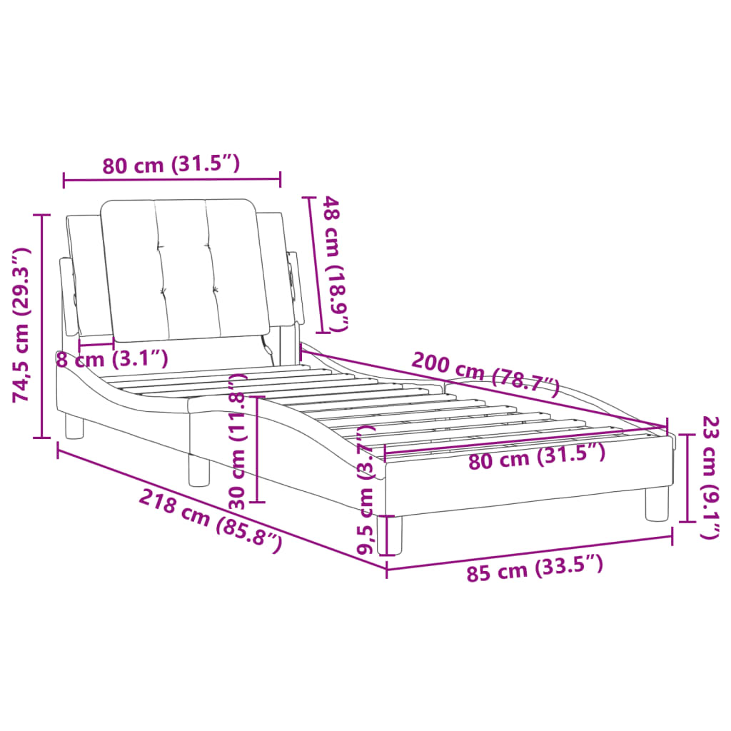 vidaXL gultas rāmis ar LED, balts un melns, 80x200 cm, mākslīgā āda