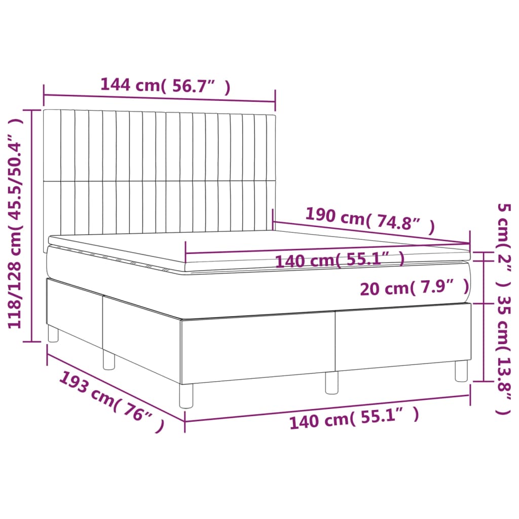 vidaXL atsperu gulta ar matraci, LED, melns samts, 140x190 cm